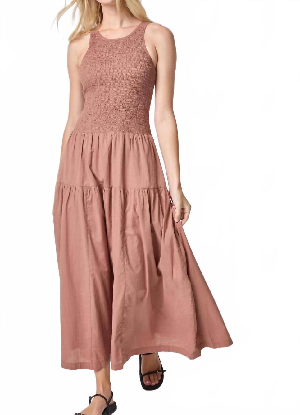NEW LILLA P smocked bodice midi dress in bark